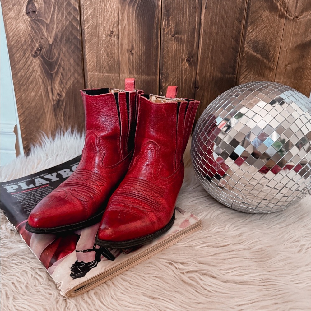 Red Leather Ankle Boots - Women's Booties - Picture 2 of 5